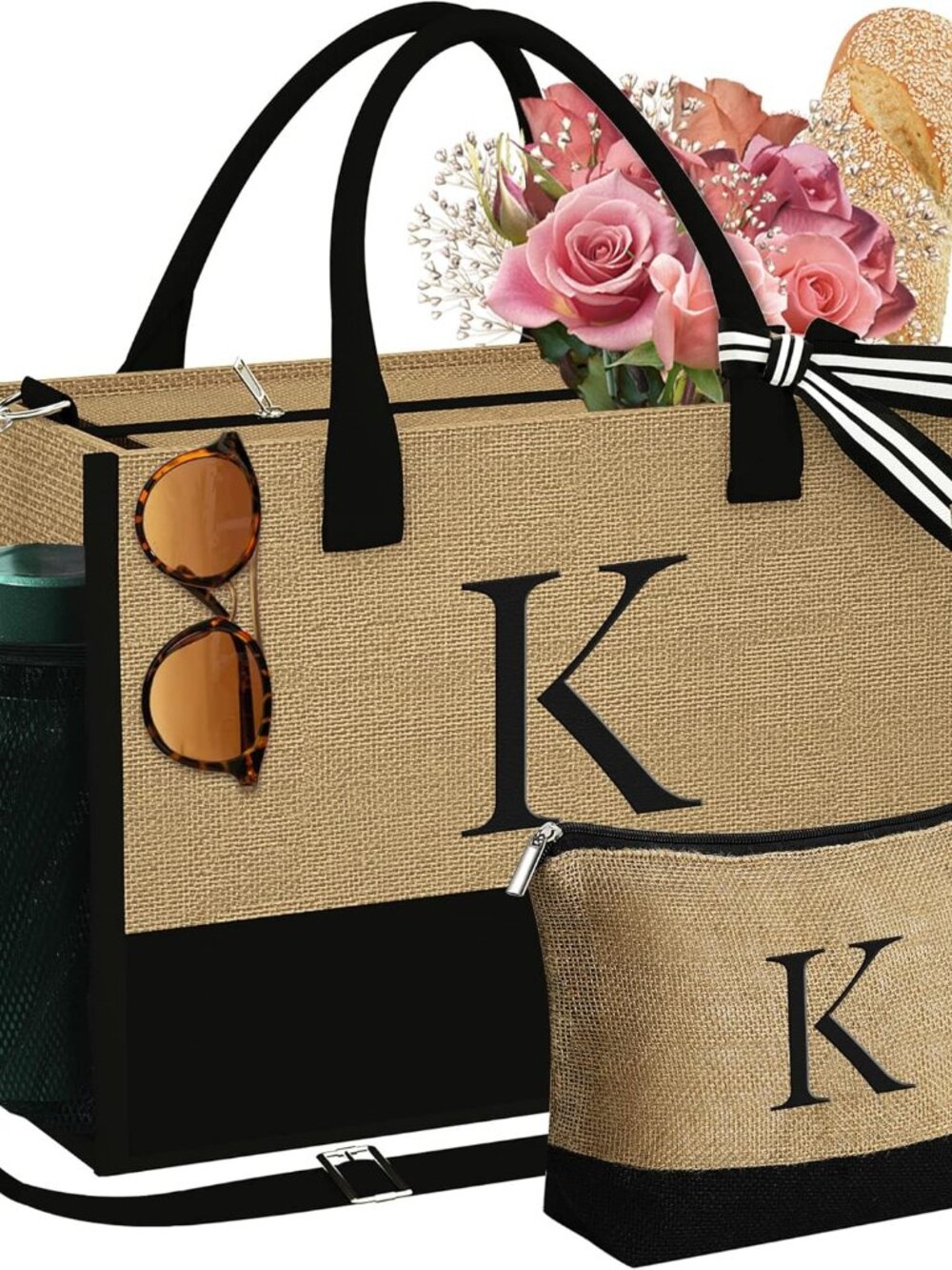 Personalized Gifts for Women - Initial Jute Tote Bag & Makeup Bag, Birthday Gift